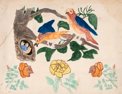 Drie Rozen en Vogel Familie door Unknown artist
