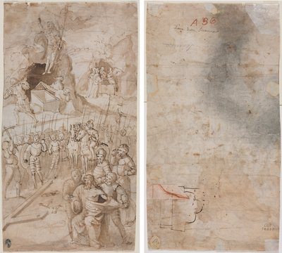 Drie scènes uit de Passie van Christus (recto) Architectonische schets (verso) door Unknown artist