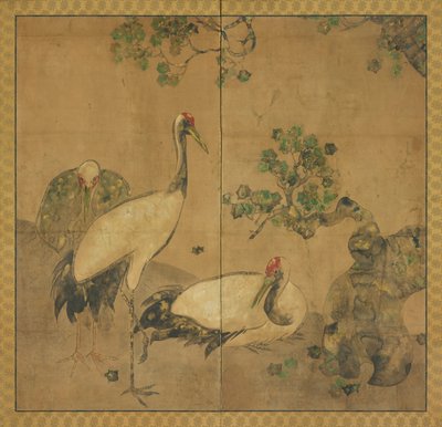 Drie kraanvogels onder een boom door Unknown artist