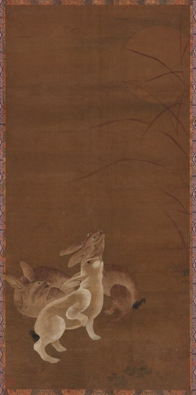 Drie Hazen Kijken naar de Maan door Unknown artist
