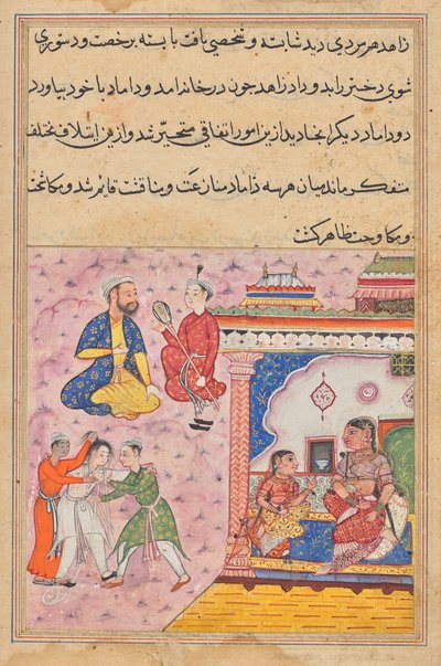Drie vrijers vechten onderling om de hand van de dochter van de devotee, uit een Tuti-nama (Verhalen van een Papegaai): Twintigste Nacht door Unknown artist
