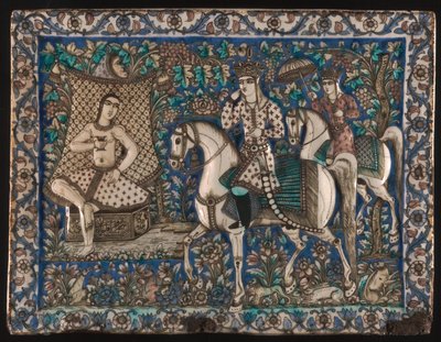 Tegel met afbeelding van Khusrau die Shirin ziet baden door Unknown artist