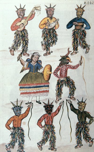 Traditionele dans van de Diablicos in Peru, uit het boek "Trujillo del Peru" of "Códice Martínez Compañón", door Baltazar Martinez Compañón y Bujanda, bisschop van Trujillo (1782-1785) door Unknown artist