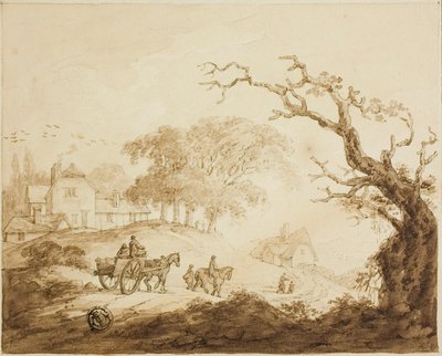 Reizigers met paarden en kar op een weg langs huizen door Unknown artist