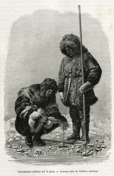 Tschuktschis vissen op ijs in Koljutschin Bay (poolcirkel). Gravure uit de Zweedse editie, ter illustratie van het verhaal 