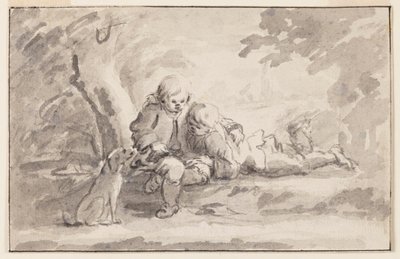Twee jongens die naar een boek kijken door Unknown artist