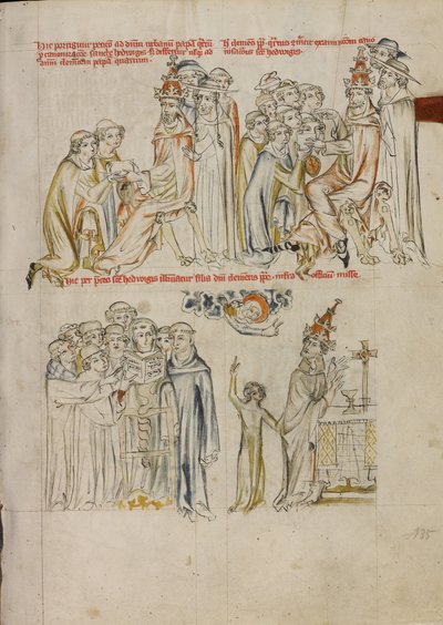 Twee geestelijken vragen de heiligverklaring van de heilige Hedwig aan voor paus Urbanus IV; paus Clemens vraagt de voorspraak van de heilige Hedwig om zijn blinde dochter te genezen door Unknown artist