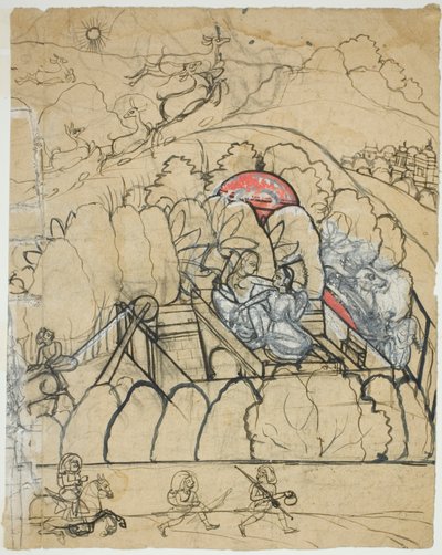 Twee dames converseren bij een trapbron (Baoli) in een ommuurde tuin door Unknown artist