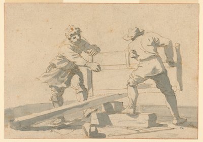 Twee Mannen die een Plank Zagen door Unknown artist