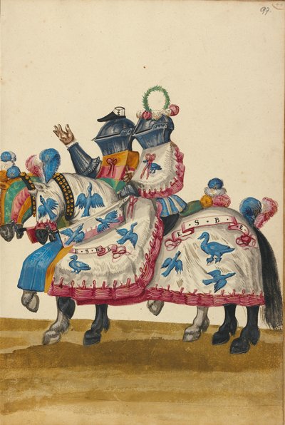 Twee mannen in harnas voor een toernooiwedstrijd door Unknown artist