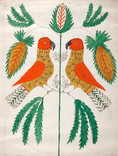 Twee rode en gele papegaaien tegenover elkaar (Groene bladeren) door Unknown artist