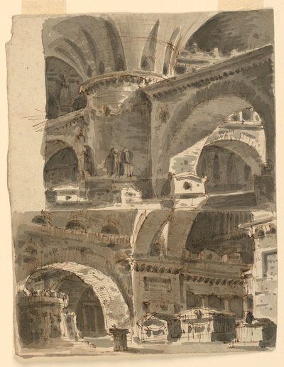 Twee toneelontwerpen, interieurs van antieke gebouwen door Unknown artist