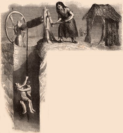 Twee uitgeputte kinderen uit een Engelse kolenmijn gehaald door een vrouw met een lier (gravure) door Unknown artist