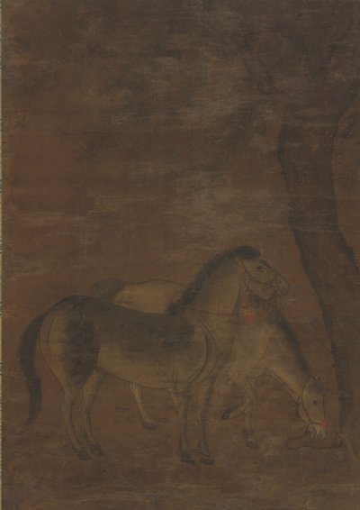 Twee paarden onder een boom door Unknown artist