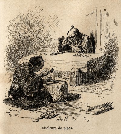Twee arbeiders, elk met een hamer en een pons, bewerken metalen pijpen in hun werkplaats. Gravure ter illustratie van de reis naar Japan, door Aime Humbert, minister van de Zwitserse Confederatie, in 1863-1864, gepubliceerd in 