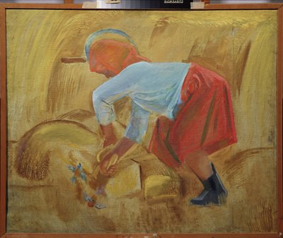 Een maaidorser met een sikkel op het hoofd door Unknown artist