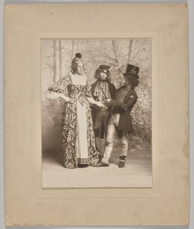 Zonder titel (theatrale scène met 3 figuren: de handlezer) door Unknown artist