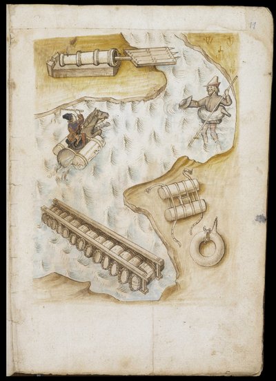 Verschillende systemen van boeien en vlotten voor evolutie op water - Manuscript: perkamentblad van een ingenieurshandboek voor de bouw van civiele, religieuze en militaire gebouwen, anoniem, eind 15e eeuw (figuur in Chinese inkt) door Unknown artist