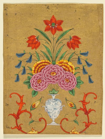Vaas met bloemstuk en krulwerk door Unknown artist