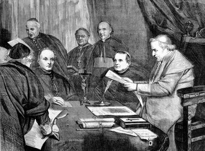 Eerste Vaticaans Concilie. Paus Pius IX omringd door leden van de Raad van Bestuur van het Concilie. 1869 door Unknown artist