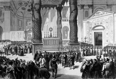 Eerste Vaticaans Concilie. Rome. De prelaten steken de Basiliek van Sint-Pieter over naar de Raadzaal. 1870 door Unknown artist