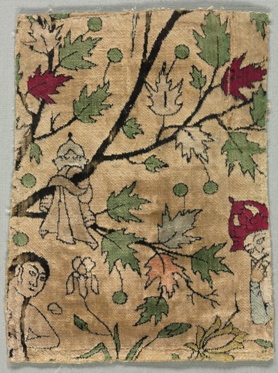 Fluwelen fragment, Khusrau ziet Shirin baden door Unknown artist
