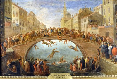 Venetië, het spel van de brug (anoniem schilderij 18e eeuw, privécollectie) door Unknown artist