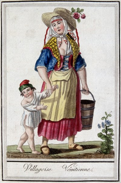 Venetiaans dorp met haar zoon. 18e-eeuwse gravure door Unknown artist