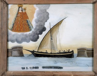 Schip in moeilijkheden - schilderij op glas, ex-voto van de Notre Dame de Laghet door Unknown artist