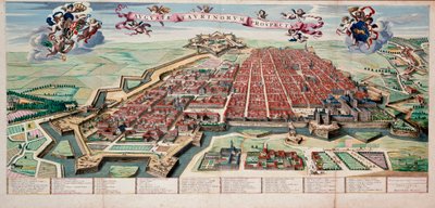 Uitzicht en kaart van de stad Turijn (Torino Piemonte) in 1700. Gekleurde prent door Unknown artist