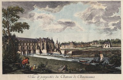 Uitzicht en perspectief van het kasteel van Chenonceau in Indre-et-Loire - gravure uit de 18e eeuw door Unknown artist