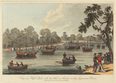 Uitzicht in Hyde Park, met de vloot voor anker op de Serpentine River, 12 augustus 1814 door Unknown artist