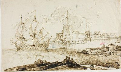Uitzicht op haven van versterkte stad door Unknown artist