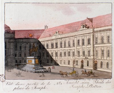 Zicht op het Josephplein in Wenen, Oostenrijk. Gravure uit 1815 Privécollectie door Unknown artist