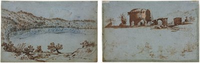 Uitzicht op het Meer van Nemi (recto) Kleine Groep Romeinse Ruïnes (verso) door Unknown artist