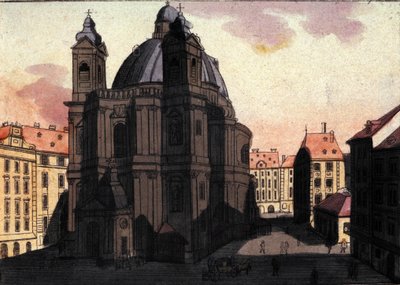 Zicht op het Sint-Pietersplein en de kerk in Wenen, Oostenrijk. Gravure uit 1820 door Unknown artist