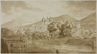 Uitzicht op stad met uitzicht op rivier door Unknown artist