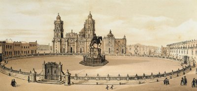 Uitzicht op het Zocalo-plein en de kathedraal in Mexico-Stad, Mexico Eind 19e eeuw Lithografie door Unknown artist