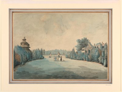 Uitzicht op een tuin met pagode door Unknown artist
