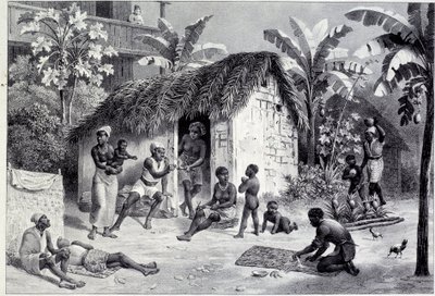 Zicht op een plantage met een koolstof van negers in de West-Indië. Gravure uit de 18e eeuw. Chartres, Museum voor Schone Kunsten door Unknown artist
