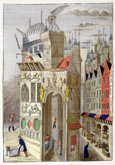 Zicht op een straat in Parijs in de 15e eeuw, met vakwerkhuizen en een kerk in aanbouw. door Unknown artist