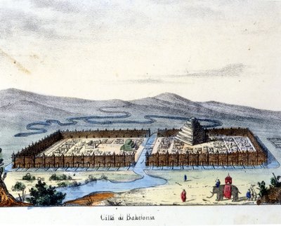 Zicht op het oude Babylon: in het midden de tempel en de hangende tuinen. Vroeg 19e eeuw. door Unknown artist