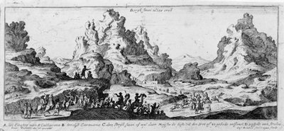 Zicht op karavanen in de Sinaïwoestijn. Gravure uit de 18e eeuw door Unknown artist