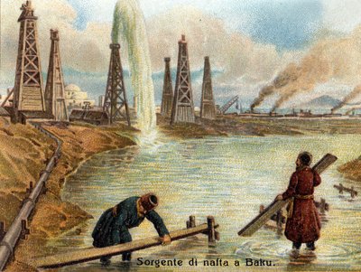 Uitzicht op oliebronnen in Bakoe, Azerbeidzjan. Chromolithografie van circa 1890 door Unknown artist