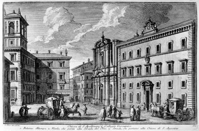 Zicht op de kerk van St. Apollinar en het Duitse College (Collegio Germanico) in Rome aan het einde van de 18e eeuw. door Unknown artist