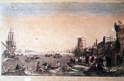 Gezicht op de stad en haven van Tunis in barbaarsheid aan de Middellandse Zee - Gevangen piraten arriveren in de haven van La Goulette in Tunis. Gravure 18e eeuw. door Unknown artist