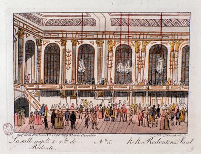 Zicht op de Keizerlijke en Koninklijke Zaal van de Redoute in Wenen, Oostenrijk. Gravure uit 1815 Privécollectie door Unknown artist
