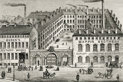 Uitzicht op de Mappin Brothers bestekfabriek in Londen. Detail van advertentie uit 1891. Gravure. door Unknown artist