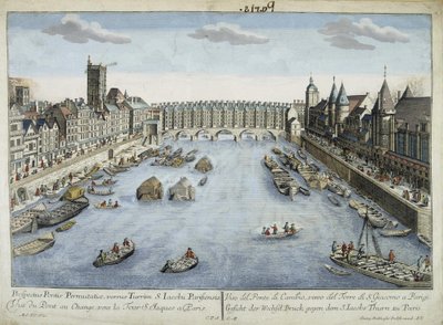 Uitzicht op de Pont au Change en de Sint-Jacobstoren in Parijs door Unknown artist