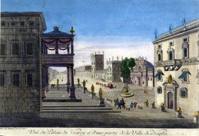 Uitzicht op het Viceroi-paleis en een deel van de stad Napels in 1760. door Unknown artist